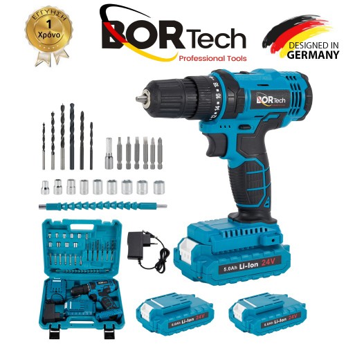 BORTECH Σετ Δραπανοκατσάβιδο Επαναφορτιζόμενο Με 2 Μπαταρίες Εργαλεία και Εργαλειοθήκη 5AH 24V - BLUE